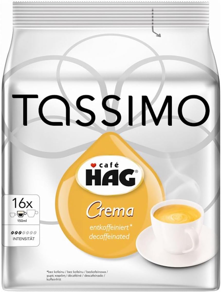 Tassimo Café HAG Crema Decaffeinated, Caffeine Free Coffee, Roasted, 16 T-Discs