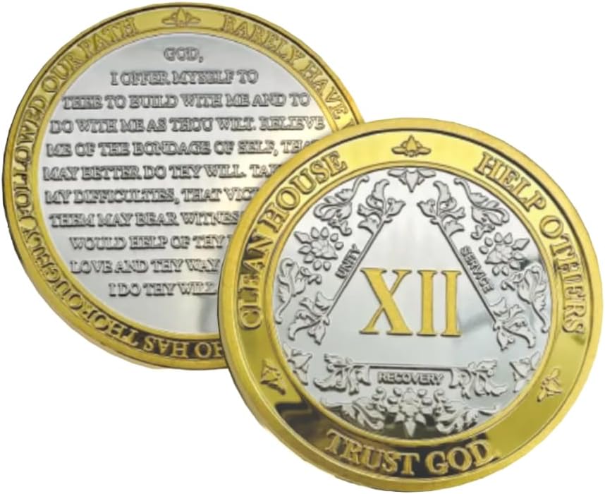 Silver & Gold Alcoholics Anonymous Gifts Sobriety Coin 1 to 60 Year AA Medallion with AA Coin Holder 40mm AA Chips and Medallions with 3rd Step Prayer Recovery Gifts for