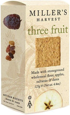 Miller's Harvest Artisan Biscuits Three-Fruit Crackers | Stoneground Wholemeal Flour with Apples Raisins & Dates | Imported from England | 4.4 oz
