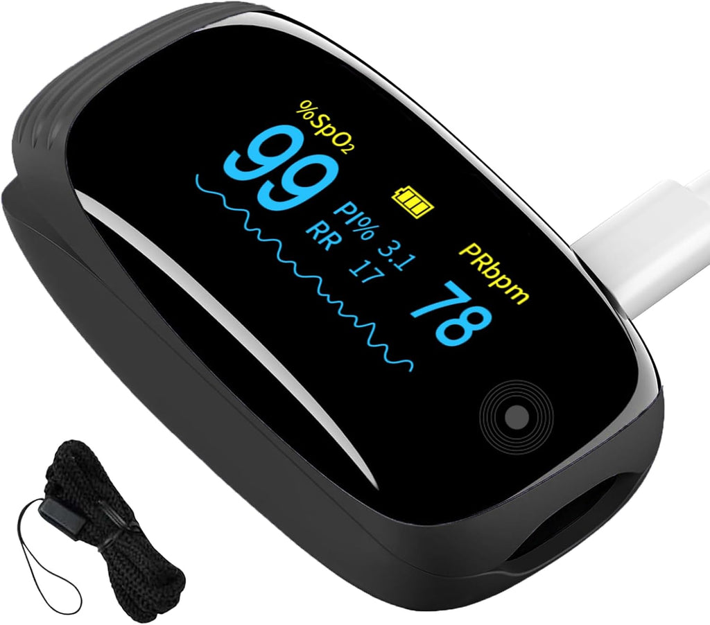 Fingertip Pulse Oximeter with Respiration Rate & Respiratory Monitoring SpO2, Heart Rate, PI & RR Measurements, Blood oximeter Rechargeable 6 Display Modes & 4-Way Rotatable Screen for Home & Sports Use（Black）