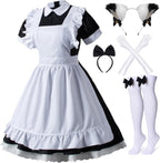 Wannsee Japanese Anime 6Pcs Lolita French Maid Apron Fancy Dress Cosplay Costume Gloves Headwear Socks set(Black M)
