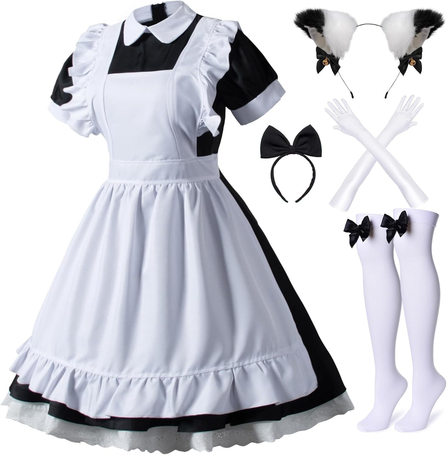 Wannsee Japanese Anime 6Pcs Lolita French Maid Apron Fancy Dress Cosplay Costume Gloves Headwear Socks set(Black M)