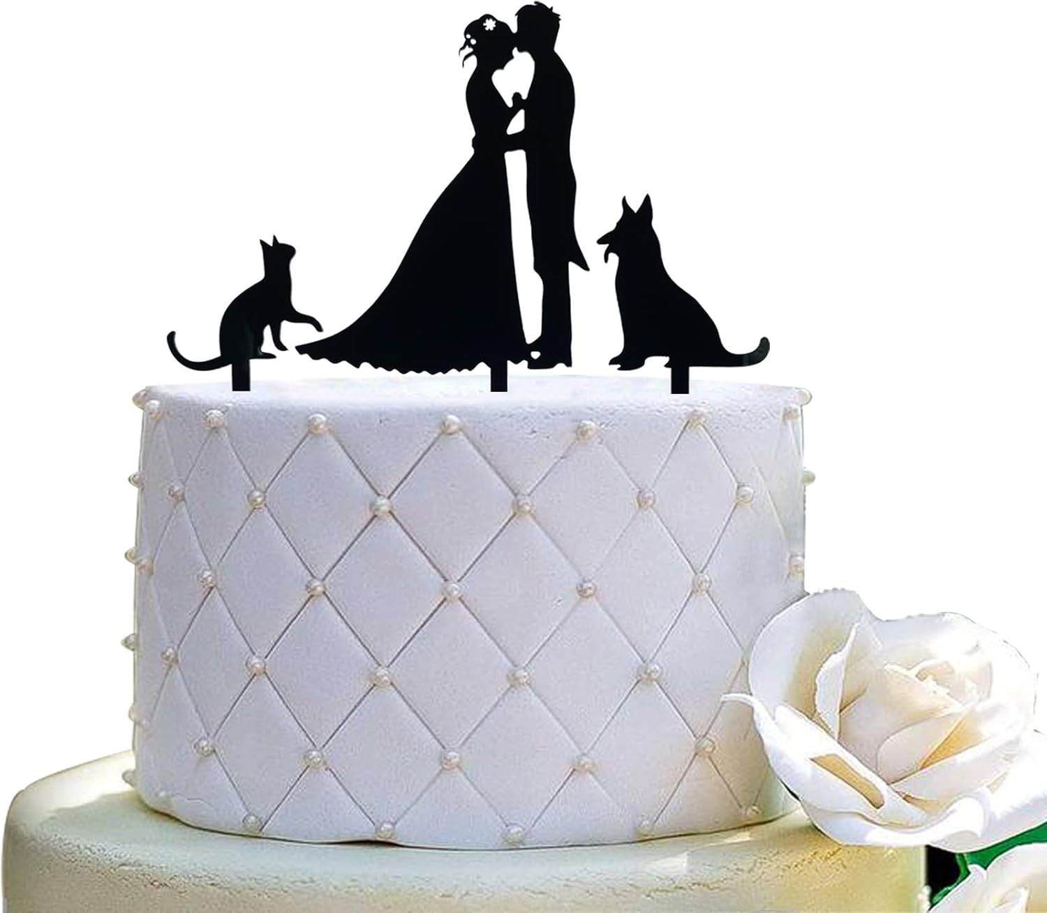 Mr and Mrs Cake Topper,Kissing Bride and Groom with Cat and Dog Silhouette Wedding Cake Topper