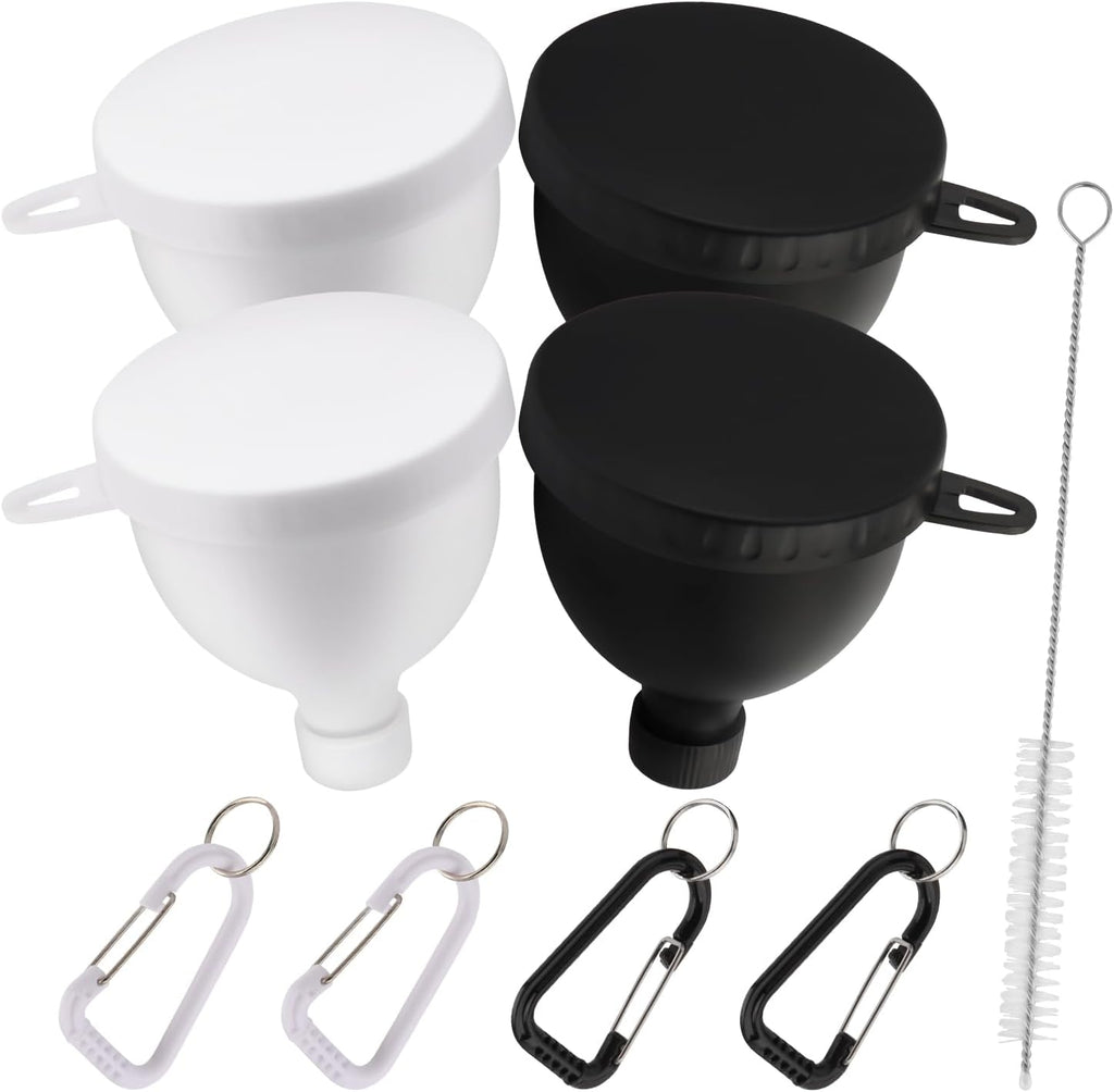 Protein Powder Funnel 4-Pack with Cleaning Brush, 5oz Leak-Proof Containers, Gym Travel Supplement Dispenser, Black White