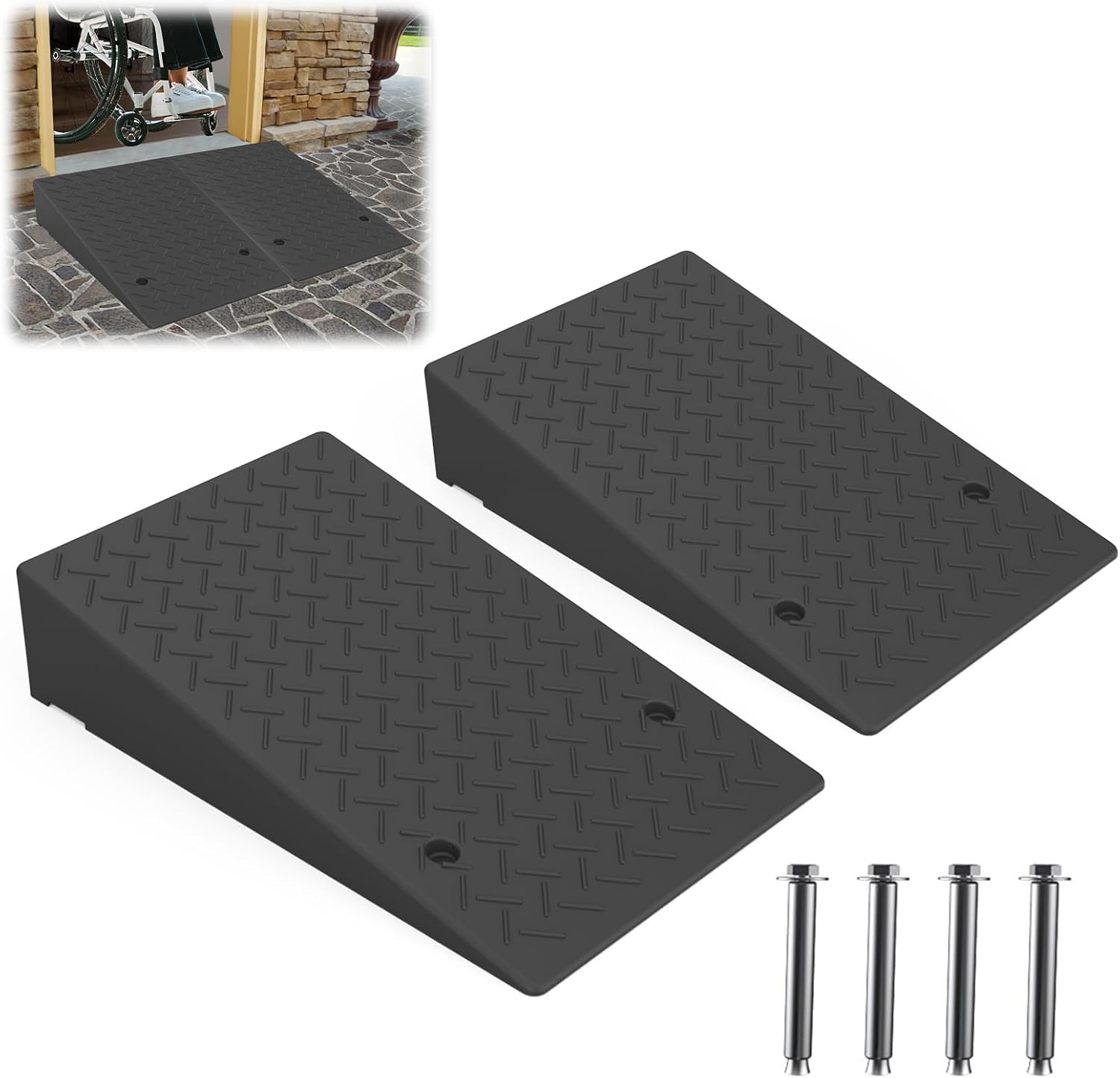 Rubber Threshold Ramp 7.09 Inch Rise, Wheelchair Rubber Door Ramp with Non-Slip Surface, Home Step Ramp with Channel for Wheelchairs/Cars/Scooters (2PCS, 2200LBs Loading)