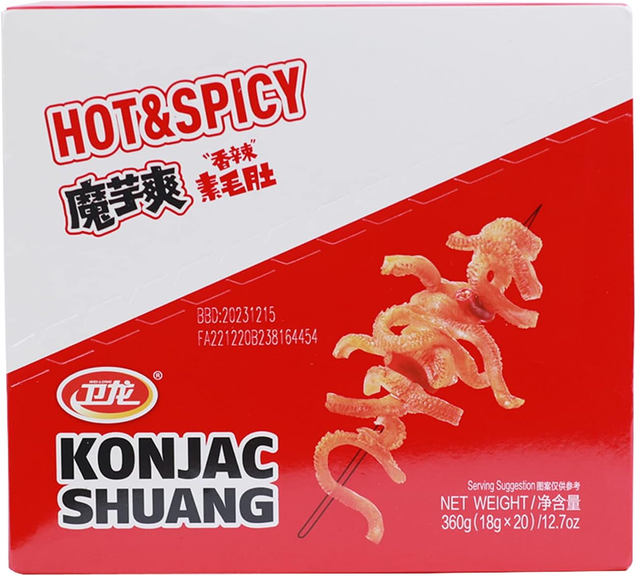 WeiLong Konjac Snack, Spicy Hot Strips, Spicy Snacks Latiao La tiao, Chinese Snacks Moyushuang, Spicy Flavor, 卫龙辣条，魔芋爽(香辣), 18g*20 Bags, Pack of 1