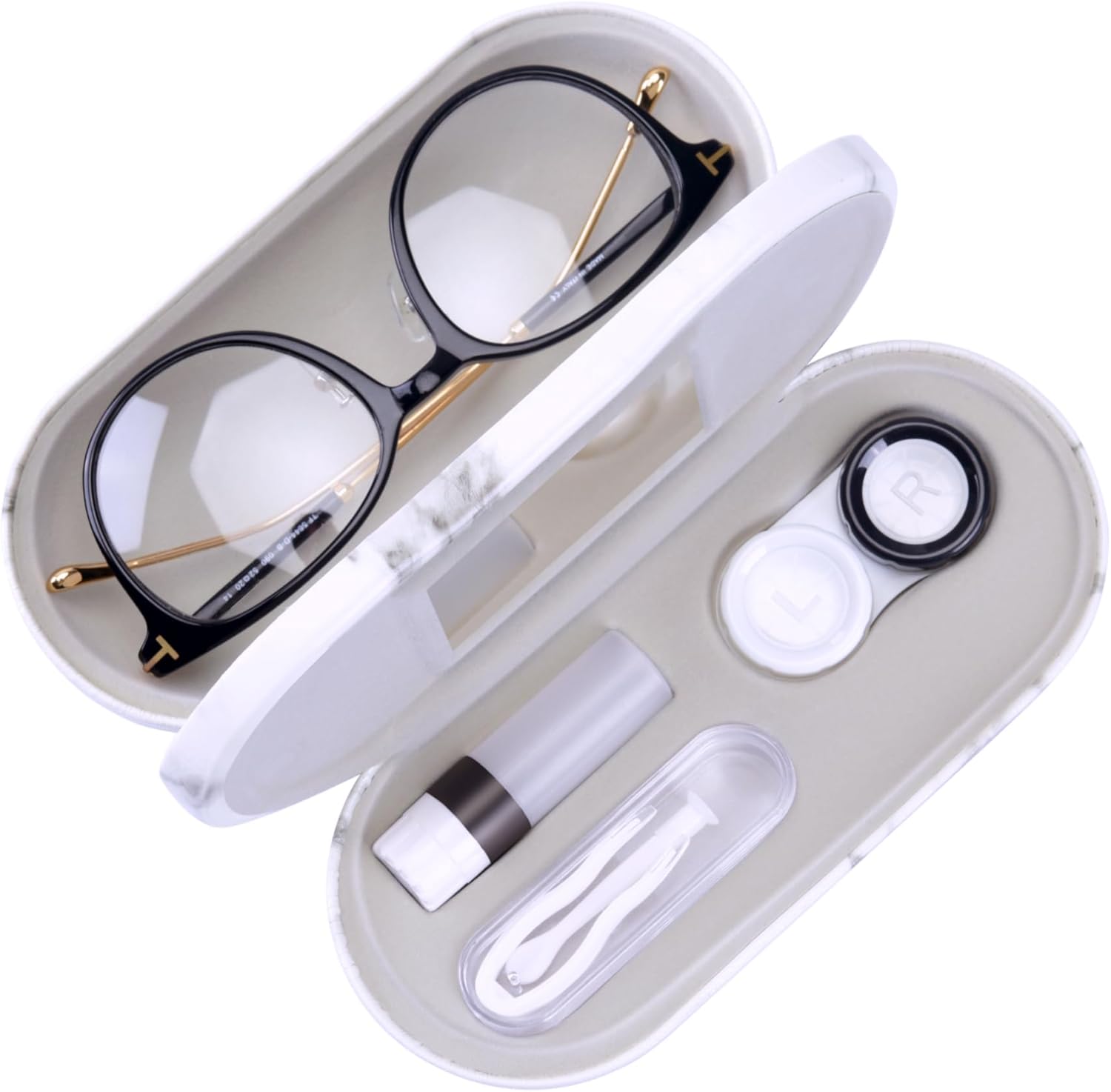 Muf 2 in 1 Contact Lens Case and Glasses Case, Double Sided Design with Mirror, Portable Travel Kit with Tweezer, Remover and Solution Bottle, Black & White Marble