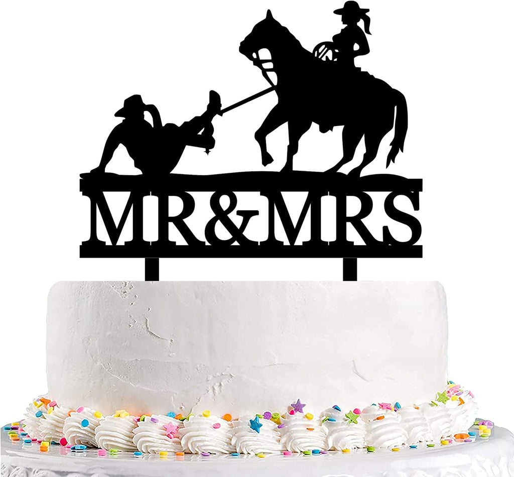 Funny Cowboy Wedding Cake Topper,Cowboy Bride Traps Groom to Get Married,Farmer Couple Cake Decor, Rustic Horse Wedding Cake Topper