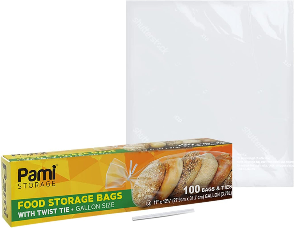 PAMI Gallon Twist Tie Storage Bags - 100 Disposable Plastic Food-Safe Baggies with Ties, 11x12.5 in, Versatile for Kitchen, Home, Office Uses