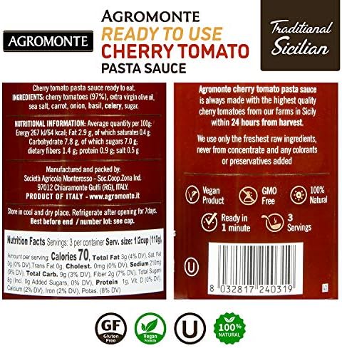Agromonte Authentic Italian Cherry Tomato Pasta Sauce (Classic)- Taste of Italy Gourmet Foodie and Chef Gift - Ready to Use, Certified Kosher, Gluten-Free, All Natural 11.64oz (2 pack)