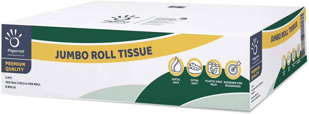 Papernet Jumbo Roll Toilet Tissue | Compatible with Universal Dispenser | 8 Rolls 2 ply 700’ x 3.4’