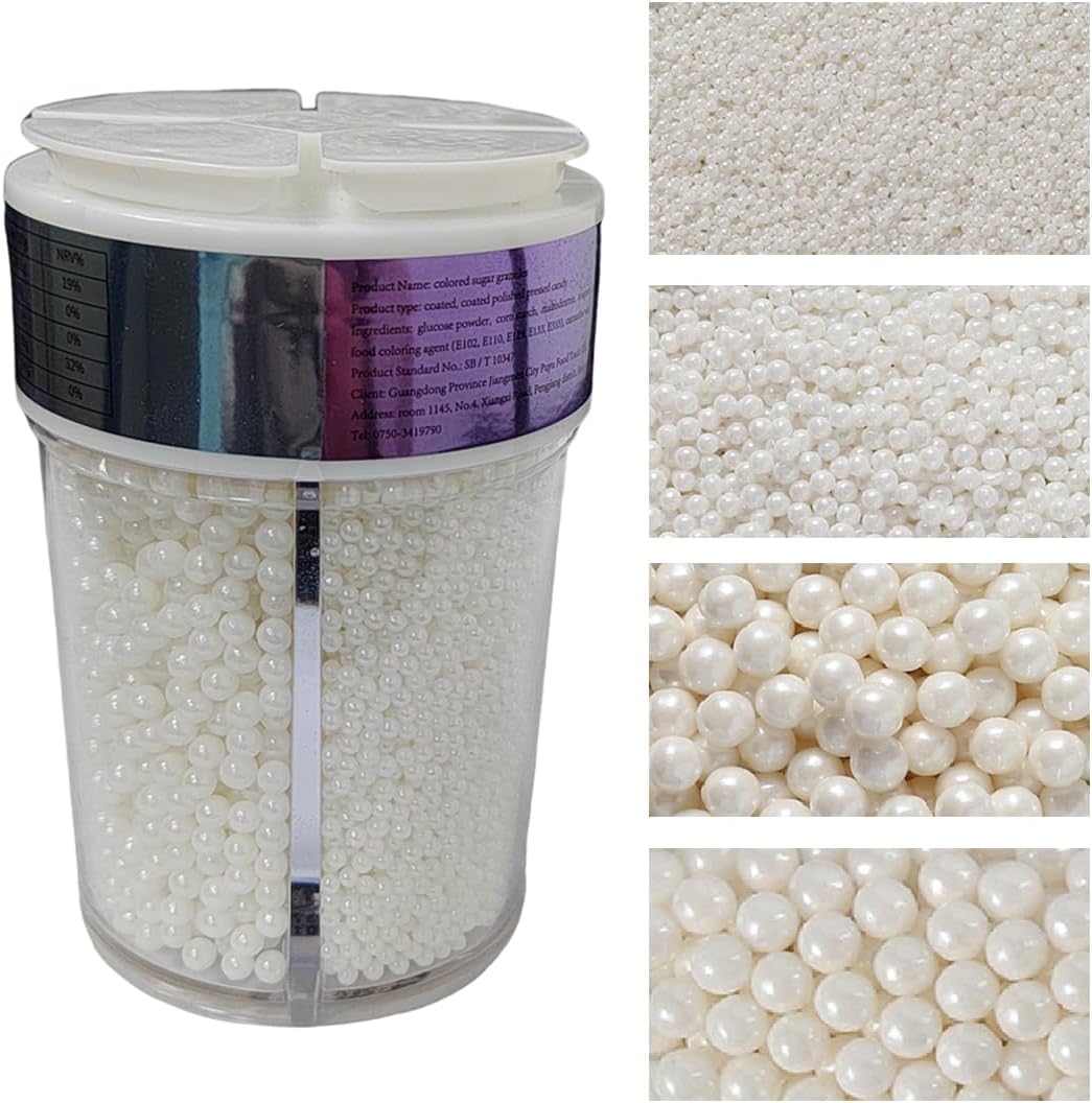 EPHVODI Sprinkles for Cake Decorating, White Pearl Sugar Sprinkles for Cupcake Toppers Wedding Party Halloween Christmas Supplies, 4 Sizes Sprinkles Mix