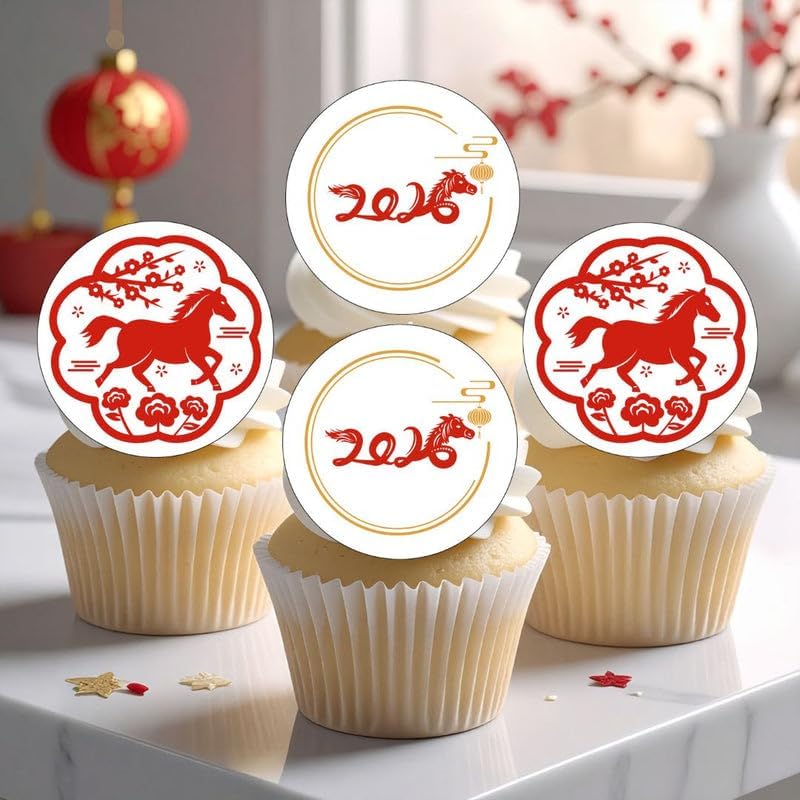 Chinese New Year 2026 Edible Cupcake Toppers Horse Symbol Cake Decorations