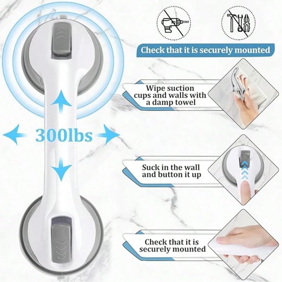 Shower Handle 12 Inch Bathroom Grab Bar with Strong Suction Cup, Double Suction Design for Shower Tub Tile Wall, White Grey