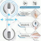 Shower Handle 12 Inch Bathroom Grab Bar with Strong Suction Cup, Double Suction Design for Shower Tub Tile Wall, White Grey