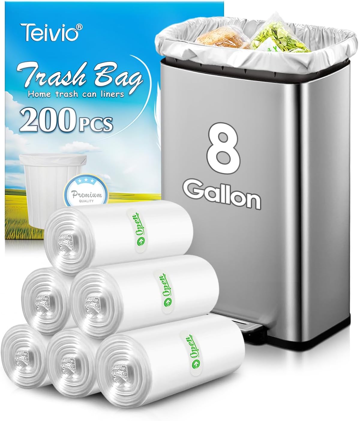 8 Gallon 200 Counts Unscented Medium Trash Bags,Fit 7,8,9,10 Gal Garbage Bags by Teivio, 30 Liter Thick Bathroom Can Bin Liners,Plastic Bags for Home Office Kitchen, Clear
