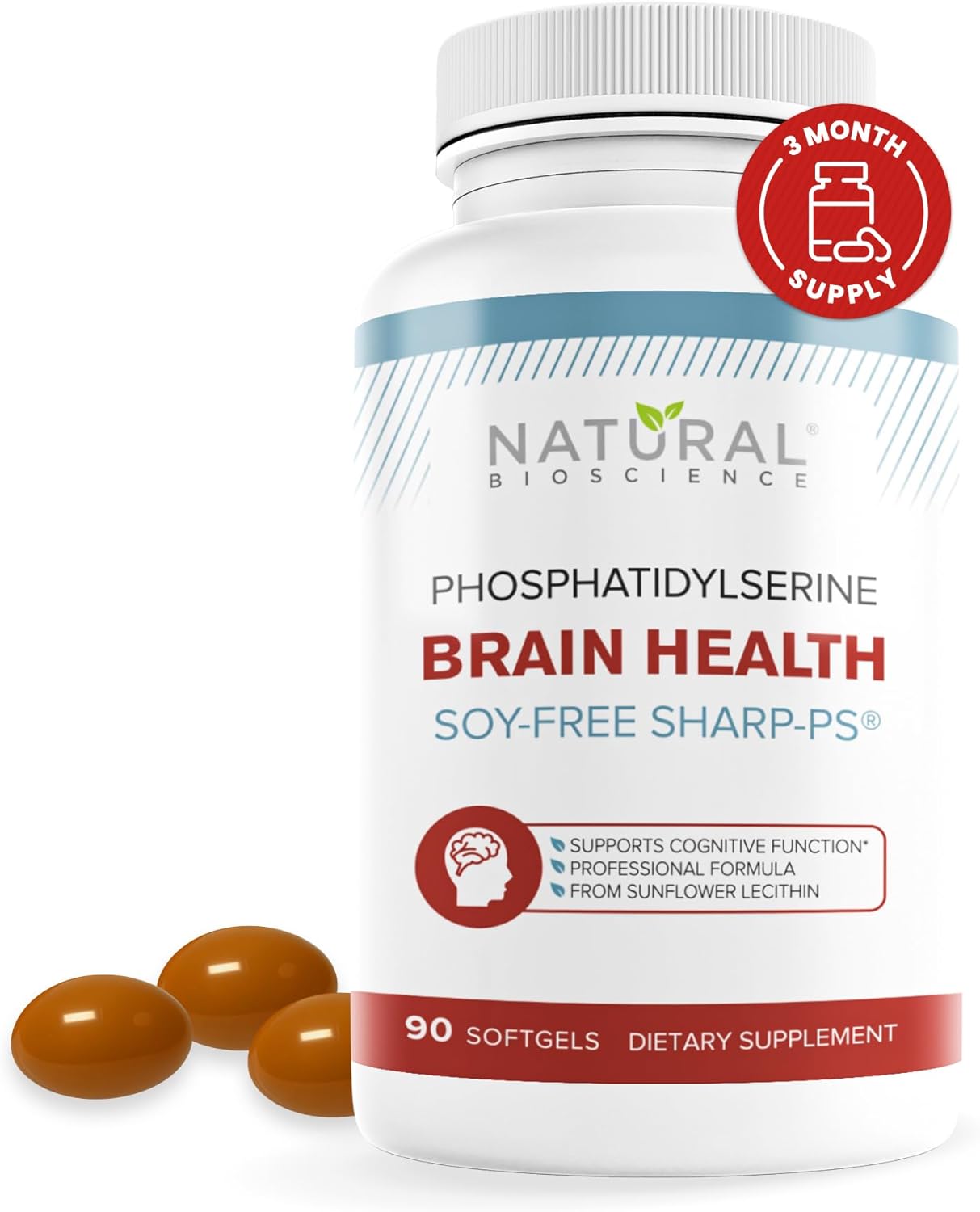 Soy Free Phosphatidylserine 100mg - Phosphatidylserine Supplement from Sunflower Lecithin, Patented Sharp PS100, Brain Health, Memory Aid, Cortisol Control, Mental Sharpness, Non GMO, 90 Softgels