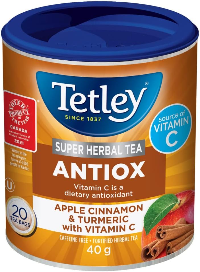 Tetley Super Herbal Antiox Tea: Apple, Cinnamon & Turmeric with Vitamin C - 20 Tea Bags, 40 Grams, Naturally Caffeine Free