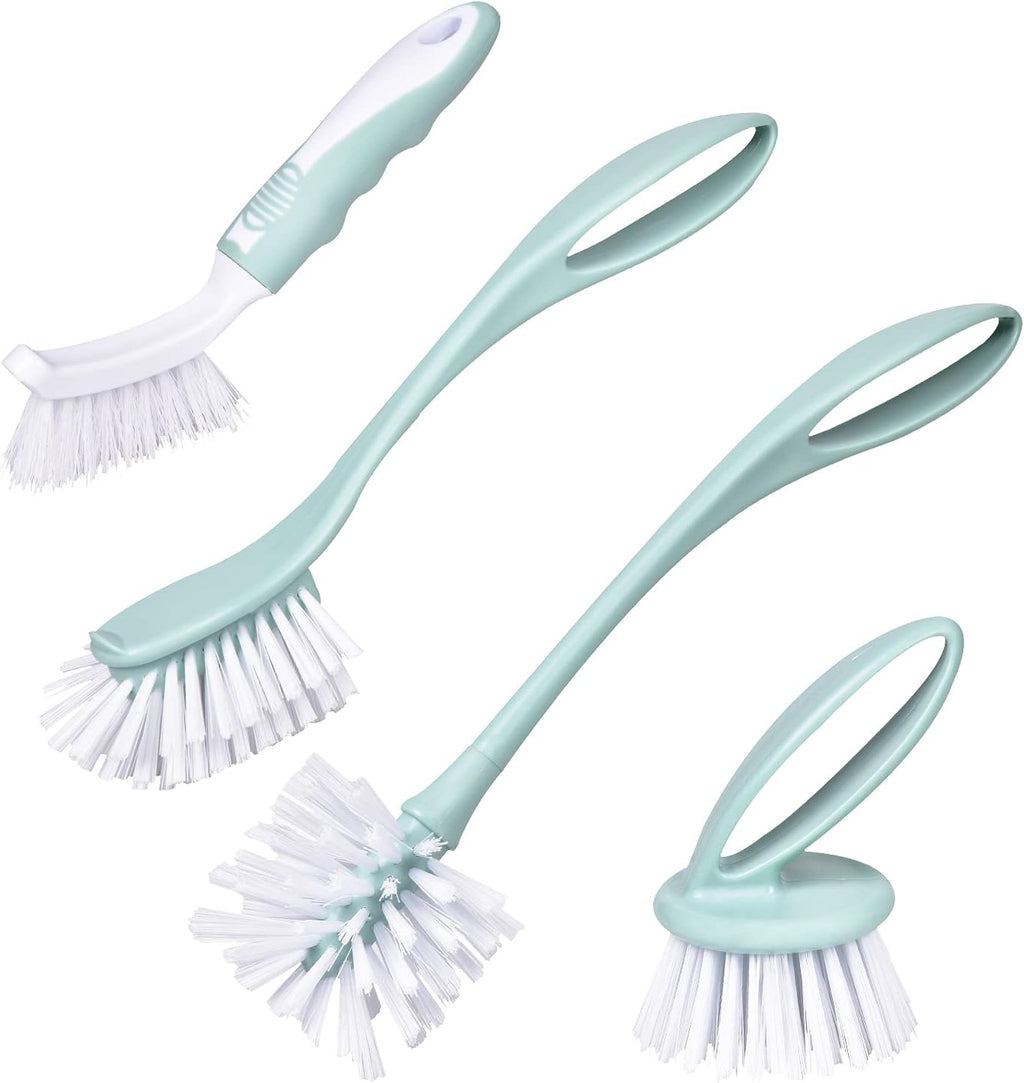 Dish Brush with Handle, Kitchen Dish Scrub Brush Set, 4-Piece Kitchen Cleaning Brush Set for Pots and Bottles, Nordic Green