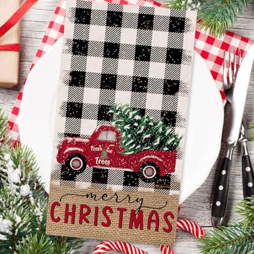 JarThenaAMCS 80Pcs Christmas Guest Napkin Black White Plaid Xmas Truck Disposable Paper Napkin Dinner Hand Towel Napkin for Christmas Holiday Party Supplies