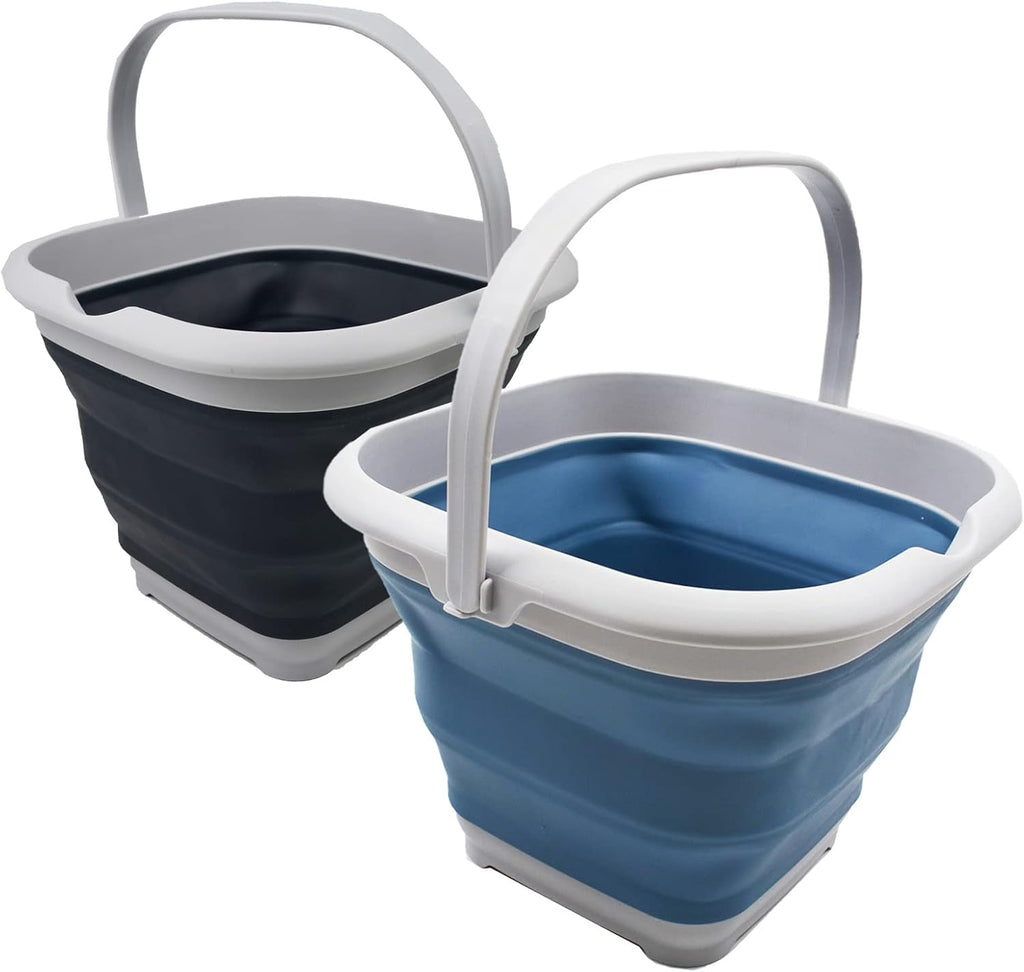 SAMMART 8.5L (2.2 Gallon) Collapsible Square Handy Bucket/Foldable SquareWater Pail/Portable Tub with Handle. Size 31x31cm (Steel Blue & Slate Grey, 2)