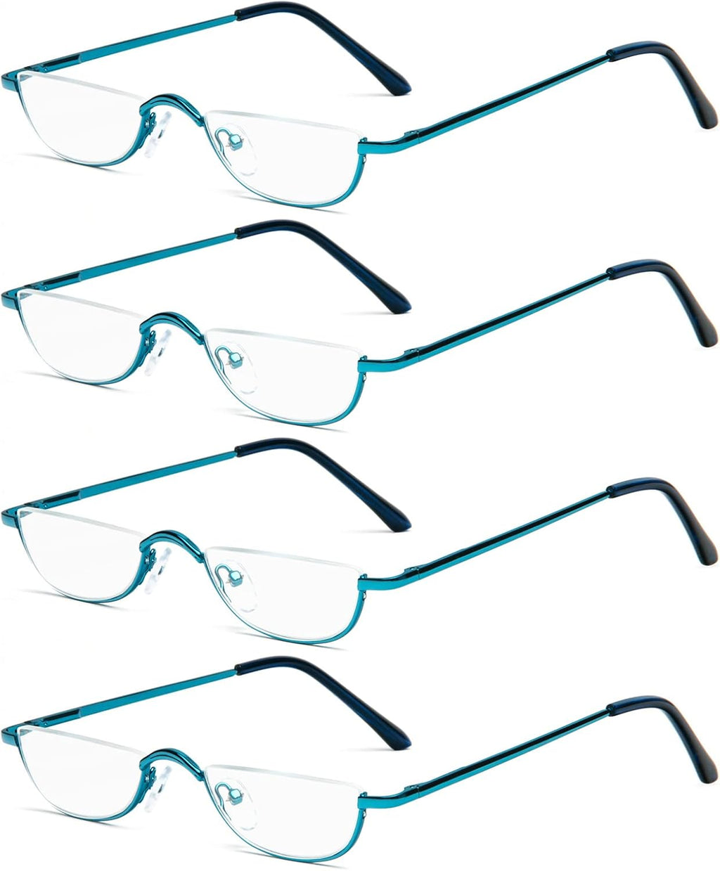 KoKoBin Half Reading Glasses,4 Pack Half Rim Metal Frame Glasses Spring Hinge Readers with Leather Pouch for Men and Women (Blue,1.50)