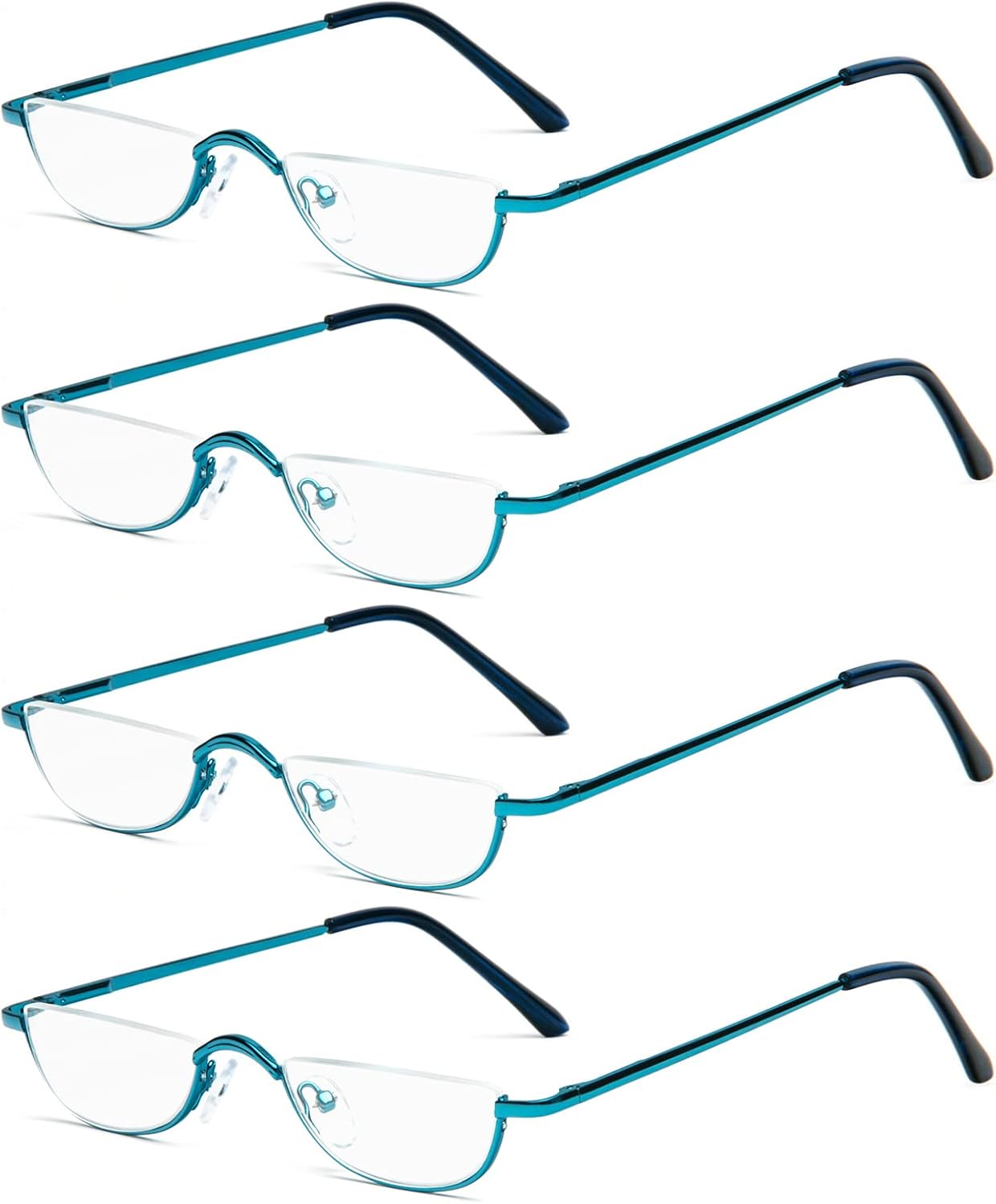 KoKoBin Half Reading Glasses,4 Pack Half Rim Metal Frame Glasses Spring Hinge Readers with Leather Pouch for Men and Women (Blue,1.50)