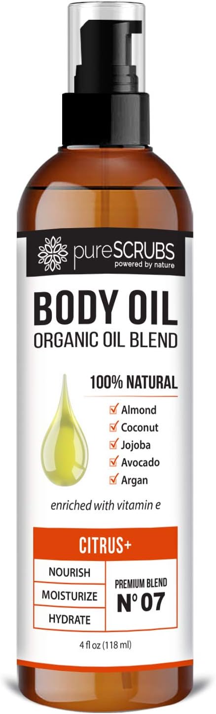 pureSCRUBS Ultra Moisturizing Citrus+ Body Oil Spray for Dry Skin, Massage, Cuticles & More Organic Super Blend of Jojoba, Argan, Coconut, Sweet Almond & Avocado Oils Enriched with Vitamin E, Lg 4oz