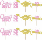 12 Pcs Graduation Cupcake Toppers,Congrats Grad Cupcake Picks Glitter Class of 2026 Cupcake Toppers,Graduation Party Decorations 2026 Pink and Gold
