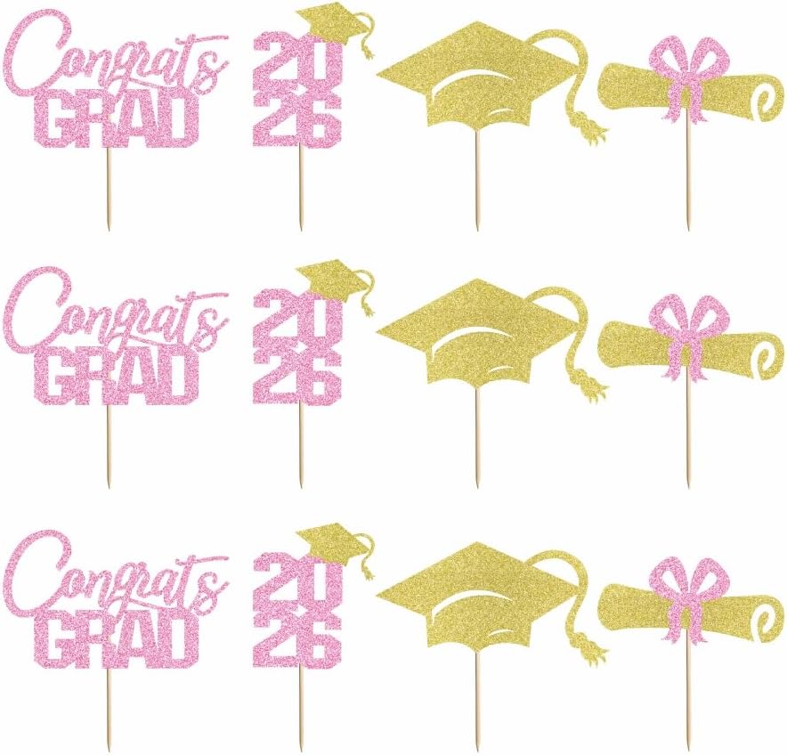 12 Pcs Graduation Cupcake Toppers,Congrats Grad Cupcake Picks Glitter Class of 2026 Cupcake Toppers,Graduation Party Decorations 2026 Pink and Gold