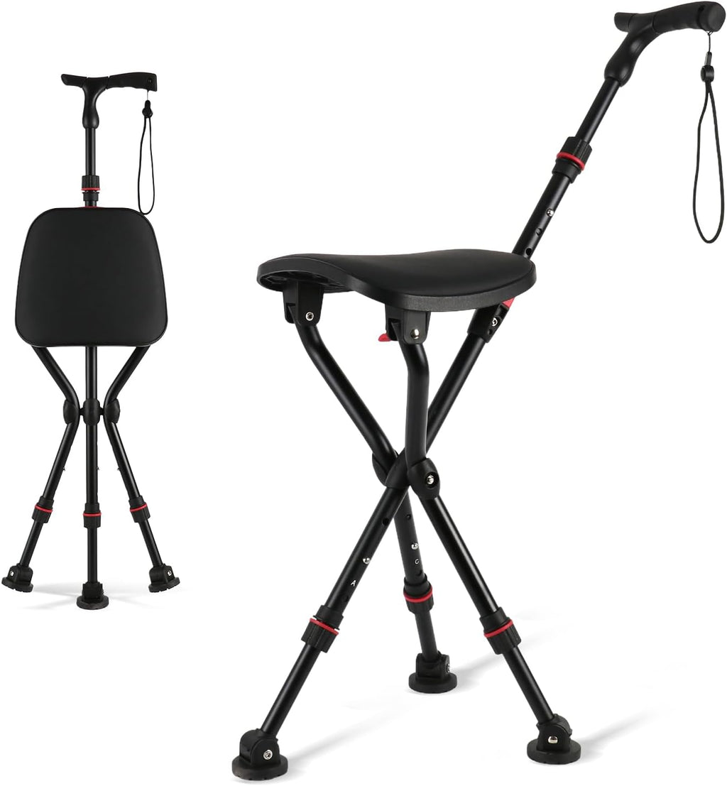 Walking Cane with Seat Holding 400 lbs – Heavy-Duty Folding Cane Chair with Upgraded Detachable 3 Legs, ABC Markings, Adjustable 19"-22" Seat Height, Large Comfort Seat for Seniors