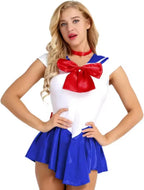 PVC Faux Leather Short Sleeve Flared Sailor Mini Dress Halloween Clothes for Cosplay Costume