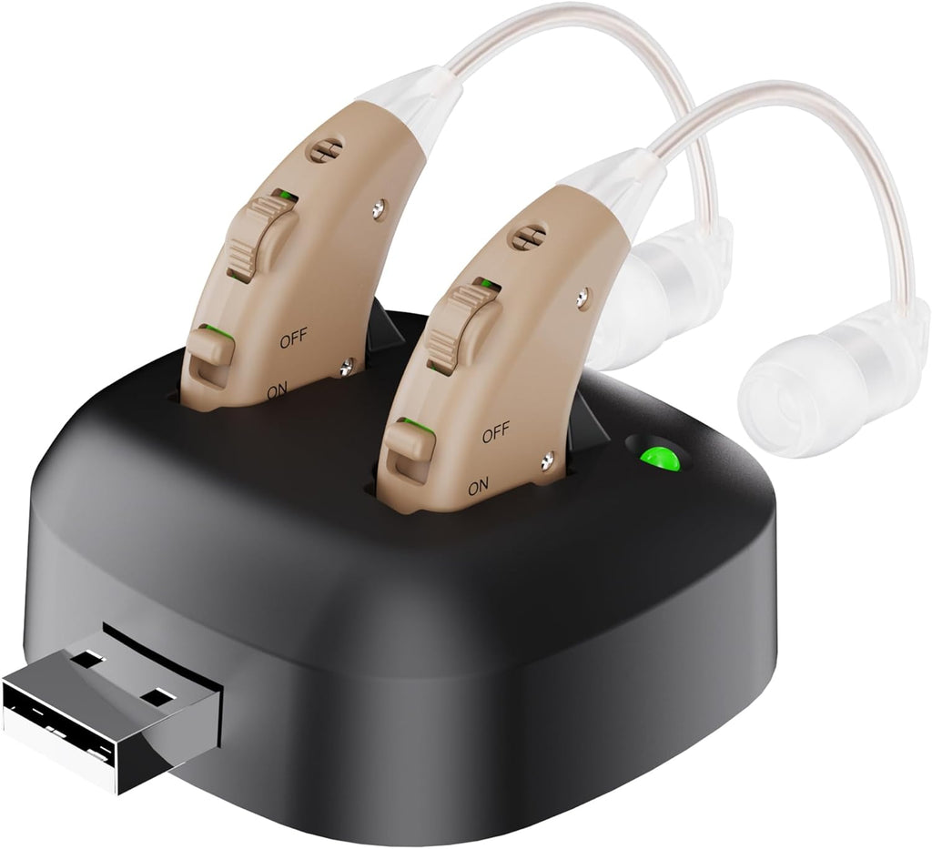 Digital Hearing Amplifier - (Pair of 2) Noise Cancelling with One Touch Volume Control, No Programming Required, Near-Invisible Behind The Ear, Upgraded 2019 Design & Rechargeable USB Dock by MEDca