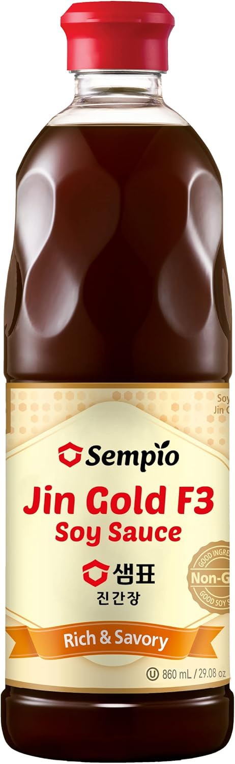 Sempio Jin Gold F3 Soy Sauce for Stir Fry & Braises – Premium Blended, Rich Umami Flavor, Naturally Fermented - Gluten Free, Non-GMO, Kosher, Vegan, Halal - Crafted in Korea (29.08 fl oz/860 mL)