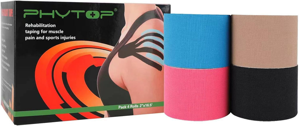 Kinesiology Tape 4 Rolls Multipack, Uncut 5cm x 5m Sports Tape, Strong Adhesive for Muscle Support, Joint Stability & Enhanced Performance (Skin, Blue, Pink, Black)