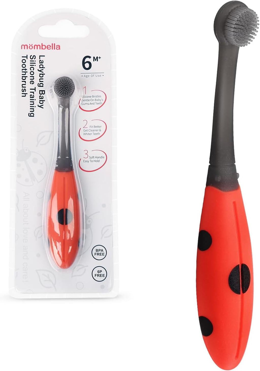 Mombella Ladybug Baby Toothbrush 6 to 12 Months and Up, Extra Soft Silicone Infant to Toddler Training Toothbrush for Baby's First Teeth, Oral Care Teether Over 6m+, Clean and Massage Tender Gums 1pc