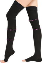 20-30 mmHg Thigh High Compression Stockings for Women, Open Toe with Stay-Up Dot-Top - Relief for Varicose Veins, DVT, Swelling, Pregnancy & Travel, Black, Large