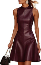 utcoco Women PU Faux Leather Tank Dress Elegant Sleeveless Mini Dress for Night Club Party