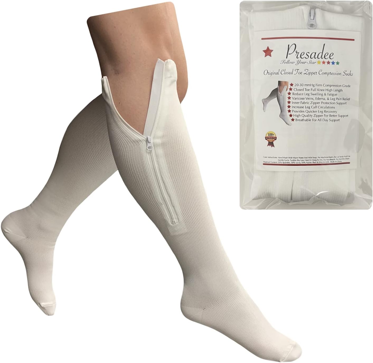 Presadee Original White 20-30 mmHg Firm Compression Leg Zipper Closed Toe Socks (S/M)