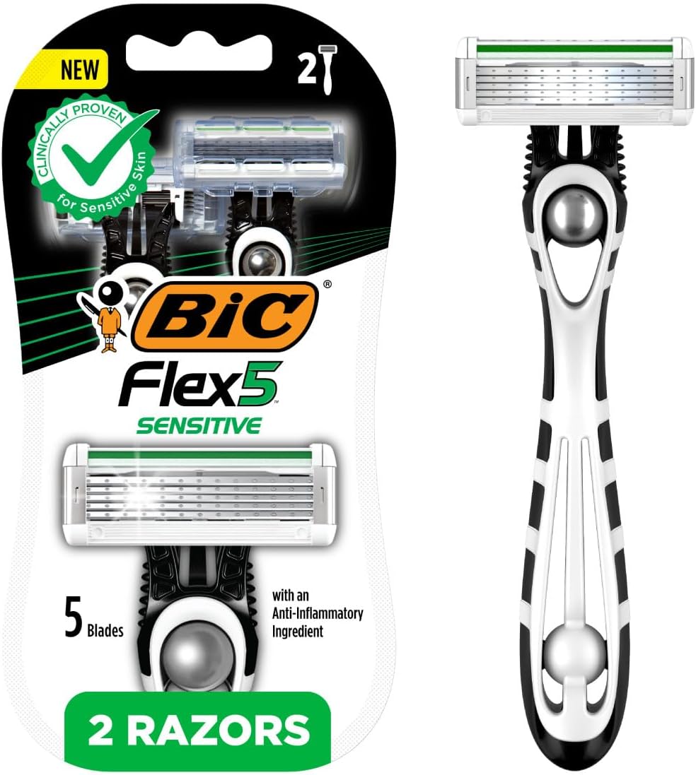 Bic Flex 5 Sensitive Men'S Disposable 5-Blade Razors, Comfortable Shave, 2-Pack