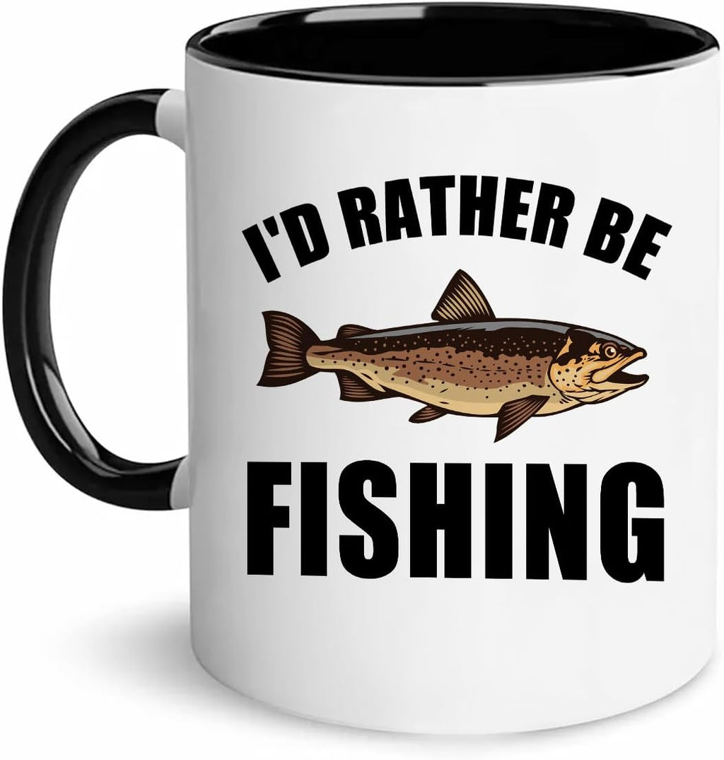 Ceramic Mug Novelty Cup - Funny Gift for Father's Day Fishing Lovers or Men Him Dad Grandpa Fisherman - I'D Rather Be Fishing - 11 oz Coffee Mug White and black Tea Cup