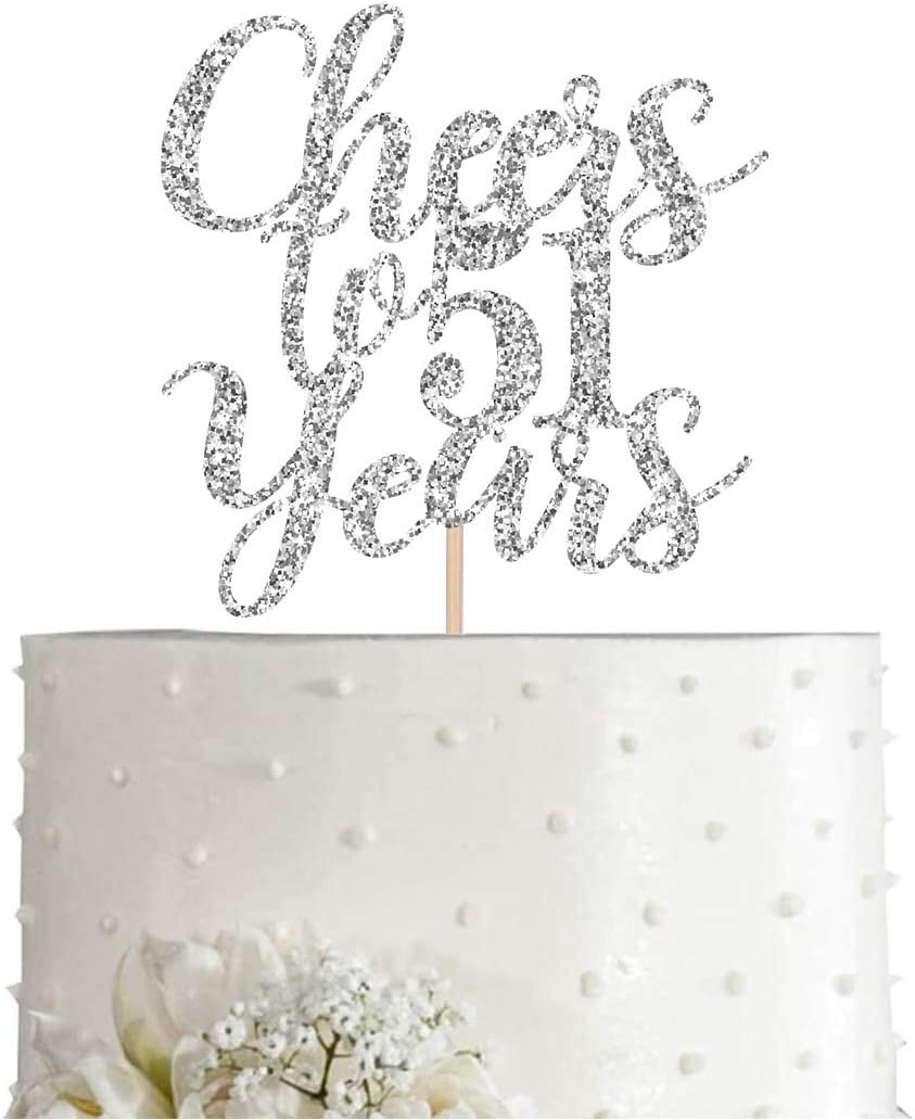 51 Silver Glitter Happy 51st Birthday Cake Topper, Cheers to 51 Years Party Decorations, Supplies, cake topper