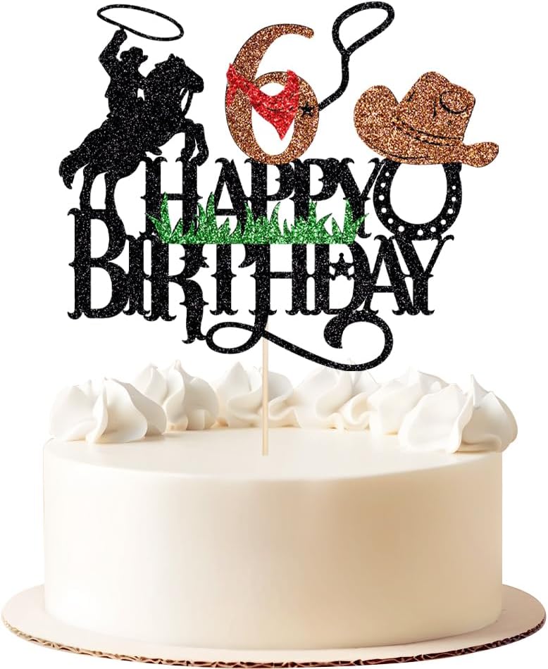 Happy birthday Cake Topper,Western Cowboy 6th Cake Decorations, Little Cowboy,Boy Girl Glitter Birthday Decorations,Rodeo Party Decorations