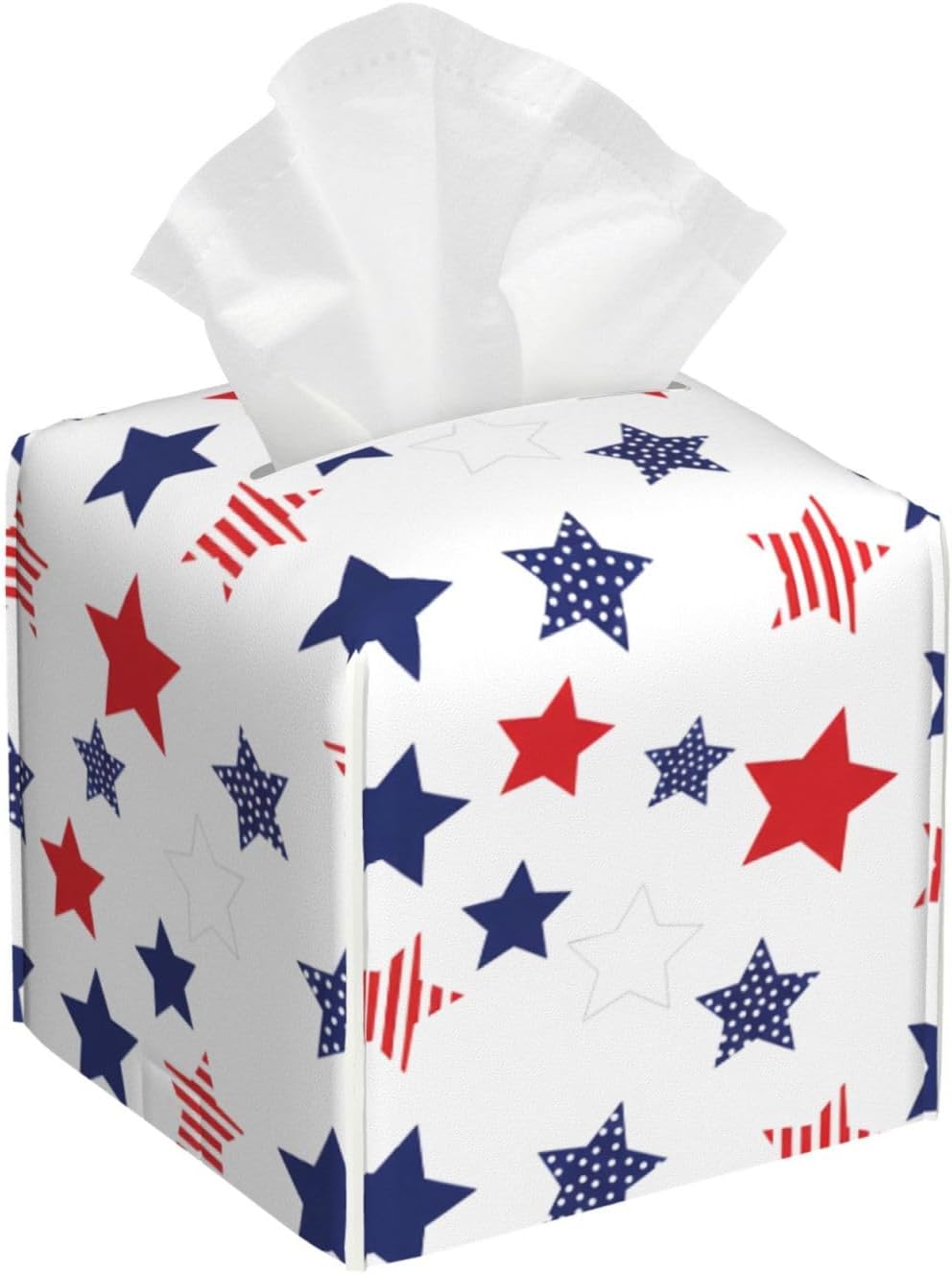 Square Tissue Box Cover Patriotic Stars USA Tissue Holder - PU Leather Facial Tissue Case Bathroom Vanity Nightstand Office Decor