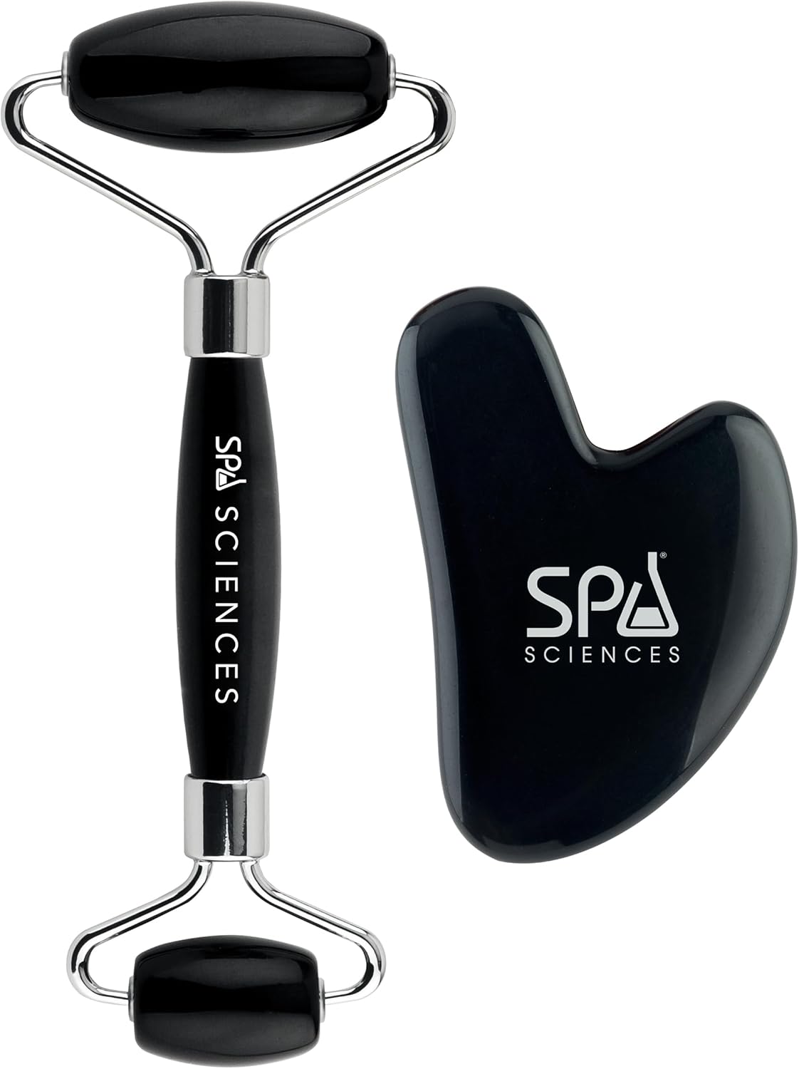 SPA SCIENCES - Obsidian Roller & Gua Sha - Black Obsidian Stone Contouring Set