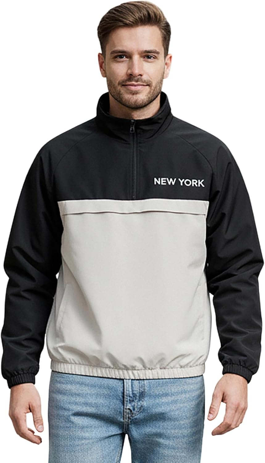 OYOANGLE Men's Y2K Half Zip Up Jacket Letter Print Contrast Colo Patchwork Windbreak Unisex Streetwear Lightweight Jackets