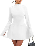 YMDUCH Women's Elegant Long Sleeve Mock Neck Backless A-line Party Mini Dress