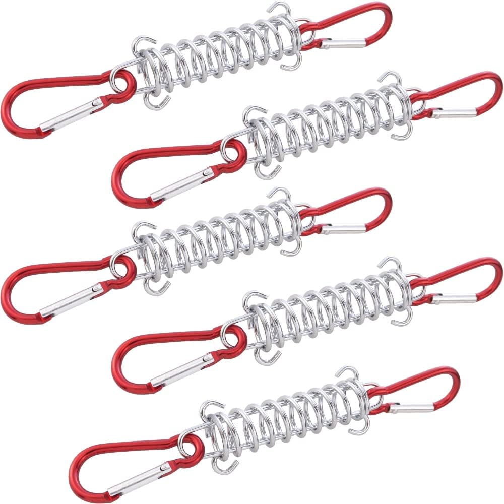 NODG 5 Sets Camping Tent Spring Buckle Set Tent Spring Porch Swing Spring Buckle with Carabiners Heavy Duty Wire Racks Accessories Awning Rope Tensioner for Securing Tarps Tents Sunshade