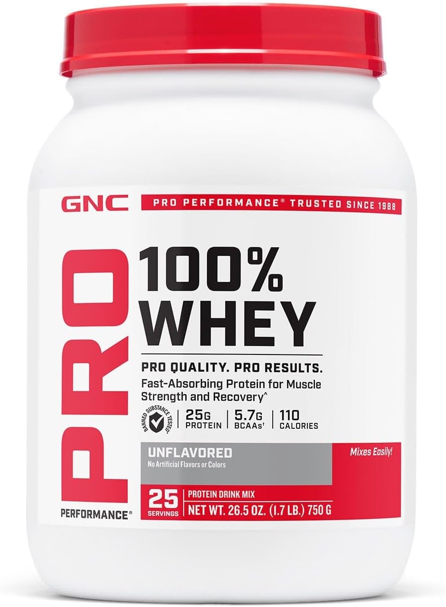 GNC Pro Performance 100% Whey Protein Powder 2.0, Fast Absorbing for Muscle Strength and Recovery, Unflavored, 25 Servings