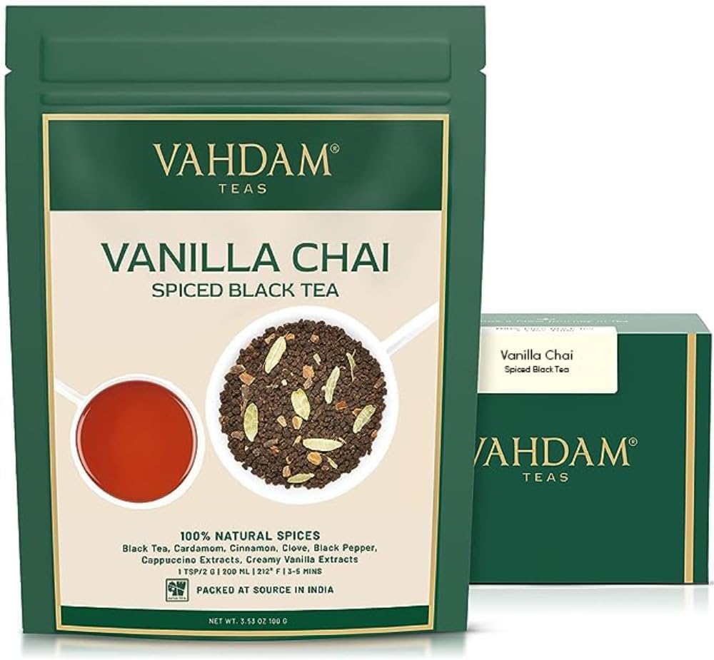 VAHDAM Vanilla Spiced Masala Chai | 3.53oz (50 Cups) Gluten Free Delicious Blend Of Vanilla & Masala Chai | Spiced Chai Tea Loose Leaf | Brew As Hot, Cold Or Iced Tea | Vacuum Sealed Pack